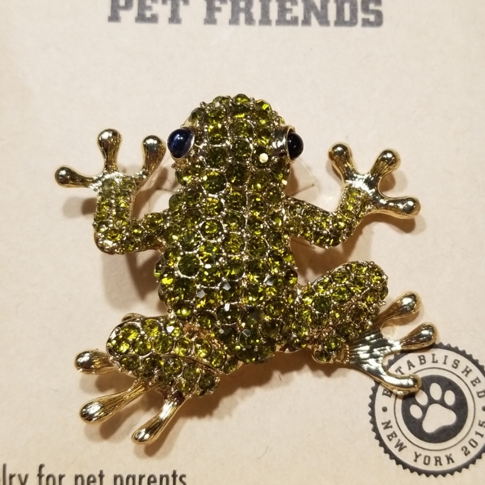 Pet Friends Gold Tone Green Crystal's Frog Brooch